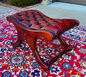 Vintage English Chesterfield Foot Stool Leather Small Bench Tufted Red Oxblood