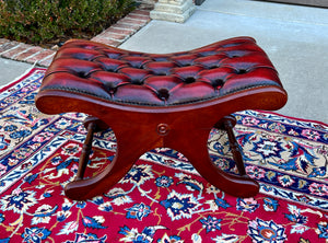 Vintage English Chesterfield Foot Stool Leather Small Bench Tufted Red Oxblood