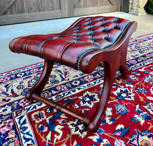 Vintage English Chesterfield Foot Stool Leather Small Bench Tufted Red Oxblood