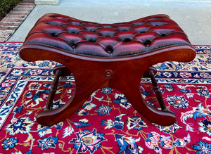 Vintage English Chesterfield Foot Stool Leather Small Bench Tufted Red Oxblood