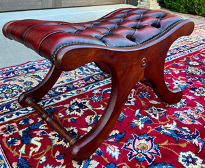 Vintage English Chesterfield Foot Stool Leather Small Bench Tufted Red Oxblood