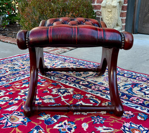 Vintage English Chesterfield Foot Stool Leather Small Bench Tufted Red Oxblood