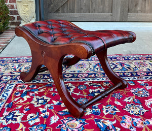 Vintage English Chesterfield Foot Stool Leather Small Bench Tufted Red Oxblood