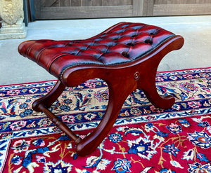 Vintage English Chesterfield Foot Stool Leather Small Bench Tufted Red Oxblood