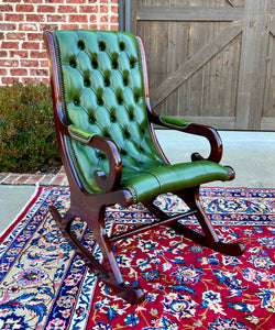 Vintage English Chesterfield Leather Tufted Rocking Chair Oak Green Mid Century