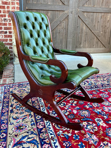 Vintage English Chesterfield Leather Tufted Rocking Chair Oak Green Mid Century