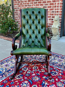 Vintage English Chesterfield Leather Tufted Rocking Chair Oak Green Mid Century