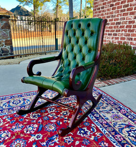 Vintage English Chesterfield Leather Tufted Rocking Chair Oak Green Mid Century