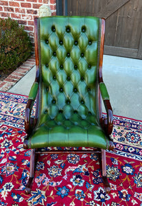 Vintage English Chesterfield Leather Tufted Rocking Chair Oak Green Mid Century