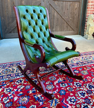 Load image into Gallery viewer, Vintage English Chesterfield Leather Tufted Rocking Chair Oak Green Mid Century