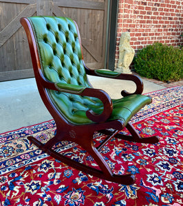 Vintage English Chesterfield Leather Tufted Rocking Chair Oak Green Mid Century