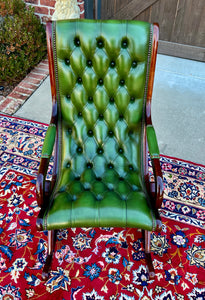 Vintage English Chesterfield Leather Tufted Rocking Chair Oak Green Mid Century