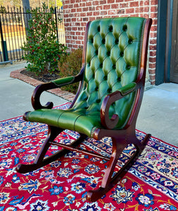 Vintage English Chesterfield Leather Tufted Rocking Chair Oak Green Mid Century