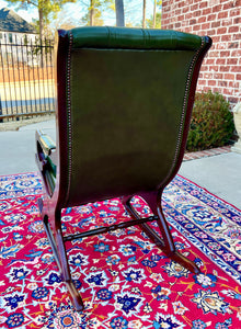 Vintage English Chesterfield Leather Tufted Rocking Chair Oak Green Mid Century