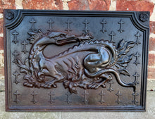 Load image into Gallery viewer, Antique French Cast Iron Fire Back &quot;The Salamander of Francois&quot; Fireplace Hearth