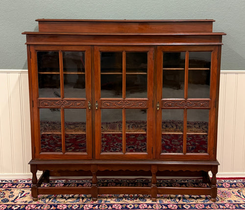 Antique English Jacobean Bookcase Bookshelf Cabinet Wavy 3 Door Glass Mahogany