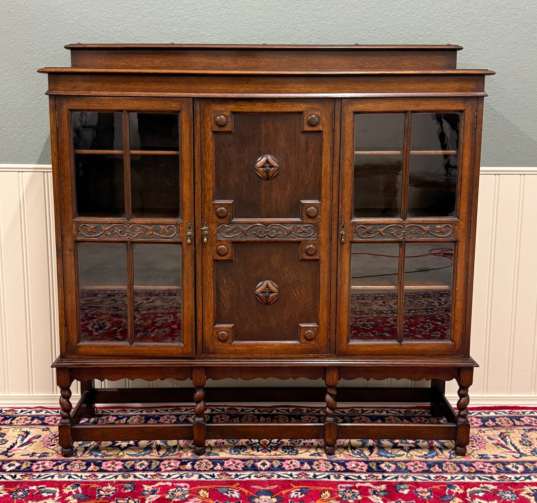 Antique English Jacobean Bookcase Bookshelf Cabinet Barley Twist Wavy Glass Oak
