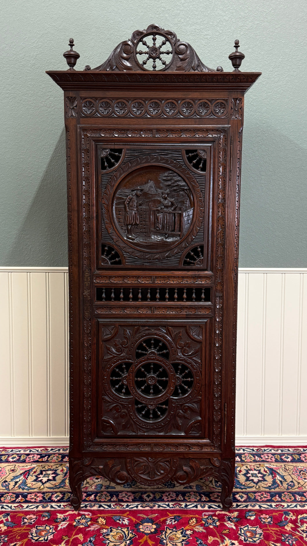 Antique French Breton Armoire Wardrobe Linen Cabinet Carved Chestnut 19th C