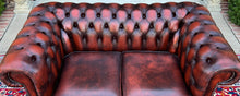 Load image into Gallery viewer, Vintage English Chesterfield Leather Tufted Love Seat Sofa Oxblood Red #1