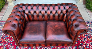 Vintage English Chesterfield Leather Tufted Love Seat Sofa Oxblood Red #1