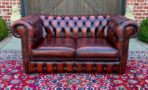 Vintage English Chesterfield Leather Tufted Love Seat Sofa Oxblood Red #2