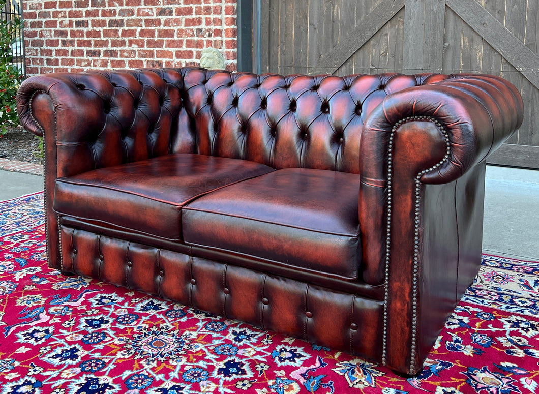 Vintage English Chesterfield Leather Tufted Love Seat Sofa Oxblood Red #2