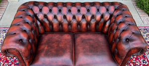 Vintage English Chesterfield Leather Tufted Love Seat Sofa Oxblood Red #2