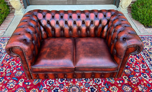 Vintage English Chesterfield Leather Tufted Love Seat Sofa Oxblood Red #2