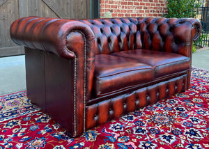 Vintage English Chesterfield Leather Tufted Love Seat Sofa Oxblood Red #2