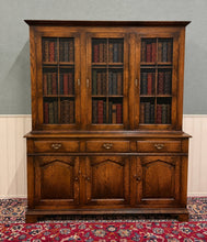 Load image into Gallery viewer, Antique English Large Bookcase Cupboard Cabinet Triple Door Glass Oak c. 1930s