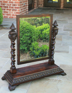 Antique English BARLEY TWIST Mirror GOTHIC Oak Tilting Dresser Vanity Mirror