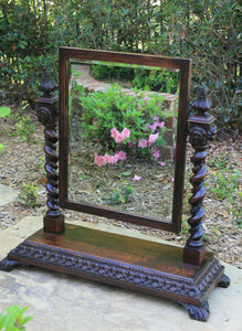 Antique English BARLEY TWIST Mirror GOTHIC Oak Tilting Dresser Vanity Mirror