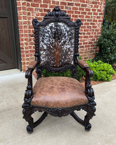 Antique French Chair Leather Cowhide Baroque Carved Oak Fireside Throne c. 1900