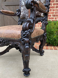 Antique French Chair Leather Cowhide Baroque Carved Oak Fireside Throne c. 1900