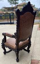Load image into Gallery viewer, Antique French Chair Leather Cowhide Baroque Carved Oak Fireside Throne c. 1900