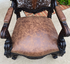 Antique French Chair Leather Cowhide Baroque Carved Oak Fireside Throne c. 1900