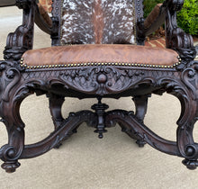 Load image into Gallery viewer, Antique French Chair Leather Cowhide Baroque Carved Oak Fireside Throne c. 1900