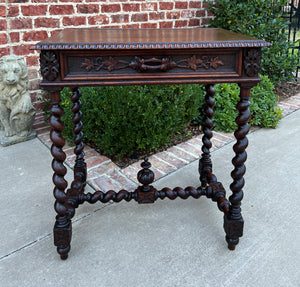 Antique French Petite Desk Writing Table with Drawer Oak Barley Twist Nightstand