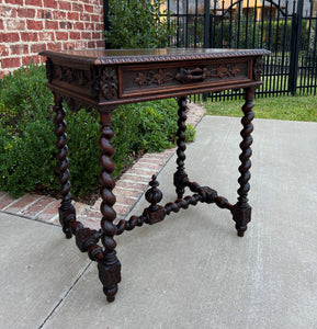 Antique French Petite Desk Writing Table with Drawer Oak Barley Twist Nightstand