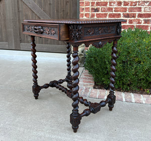 Antique French Petite Desk Writing Table with Drawer Oak Barley Twist Nightstand