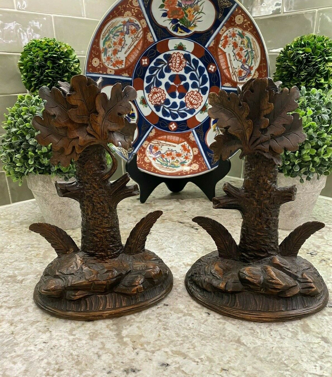 PAIR Antique French Oak Candlesticks Candle Holders BLACK FOREST Hand Carved