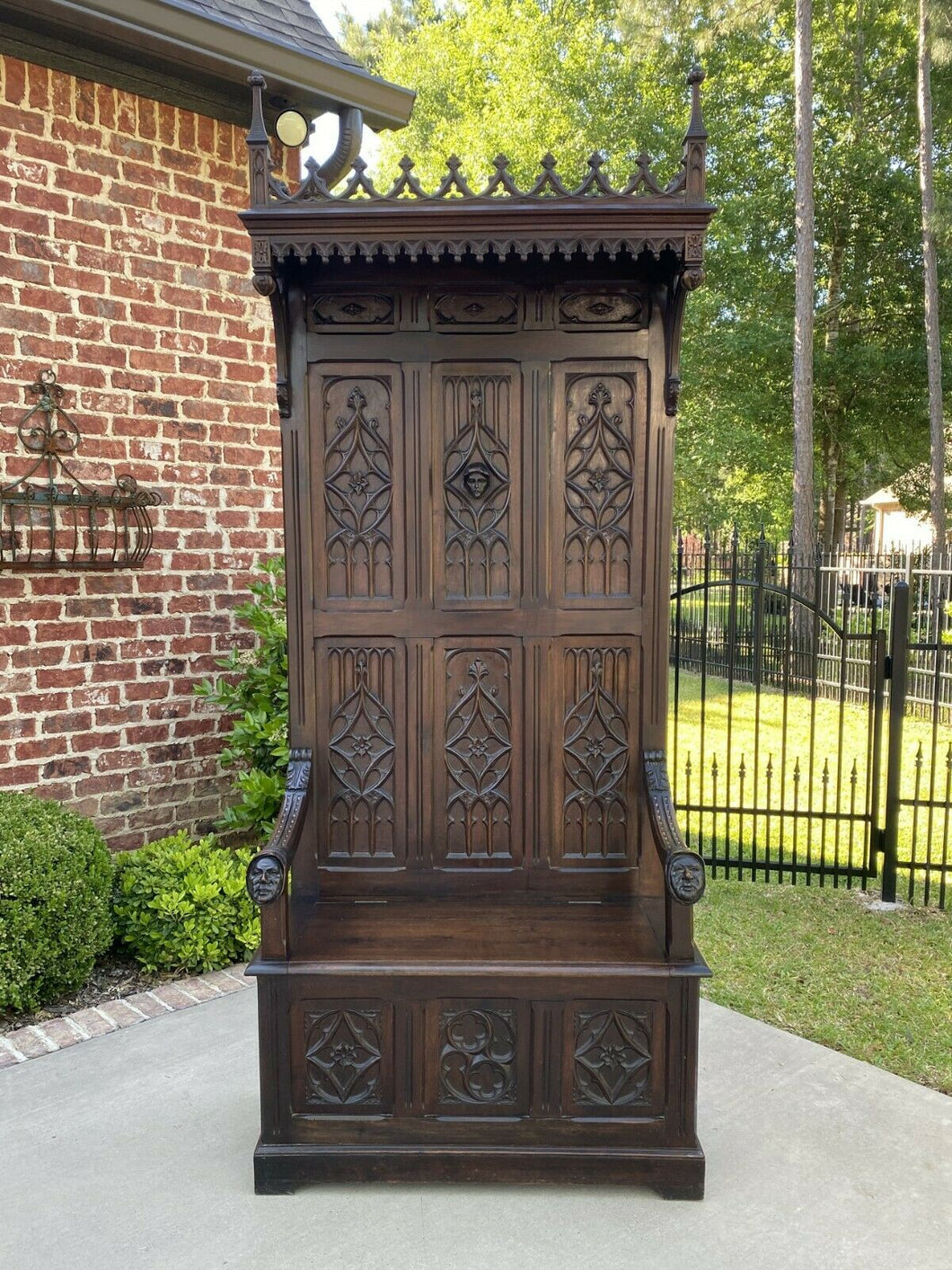 Antique French HALL SEAT MONK'S BENCH Throne Chair Gothic TALL Carved Oak 19th C