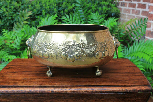 Antique English Brass Planter Flower Pot Vase Lion's Mask Handles Paw Feet OVAL