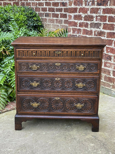 Antique English Chest of Drawers Nightstand End Table GEORGIAN Carved Oak 19th C