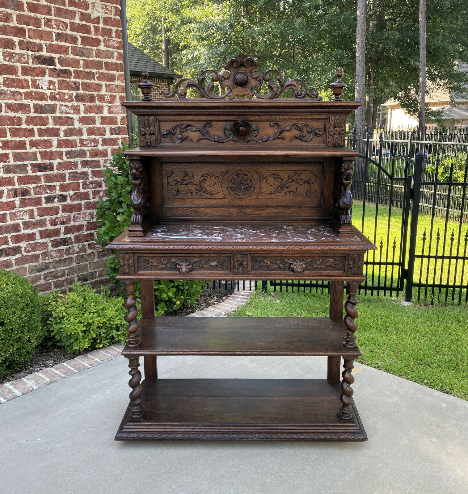 Antique French Sideboard Server Buffet Cabinet Barley Twist Marble