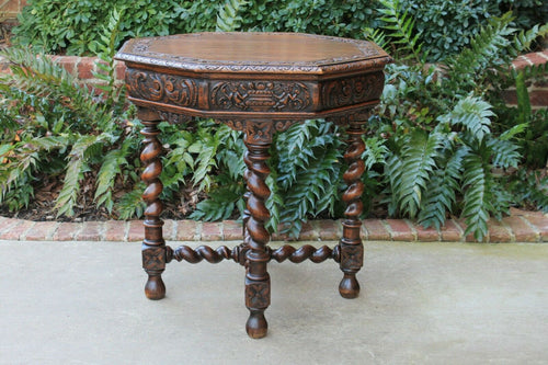 Antique French BARLEY TWIST Table Entry Center Parlor Library Oak Octagon Table
