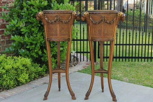 Antique French PAIR Planters Flower Box Plant Stands Jardeniere Caned Rams Heads