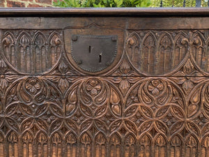 Antique French GOTHIC Coffer Chest Blanket Box Entry Table Trunk Oak 18th C