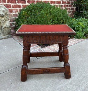 Antique English Foot Stool Small Bench Leather Top Joint Stool Oak Maker's Tag