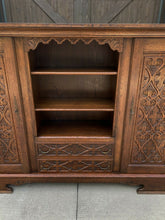 Load image into Gallery viewer, Antique English Oak Bookcase Display Cabinet Gothic WIDE 74&quot; Tiger Oak 1930s